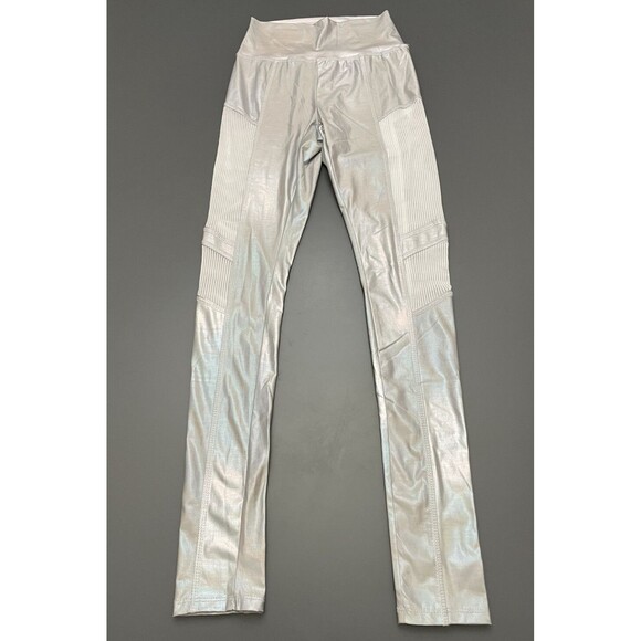 Silver High Waist Leggings Sz XS Yoga Pants Mesh Inserts Athletic Gym Exercise - Picture 1 of 8